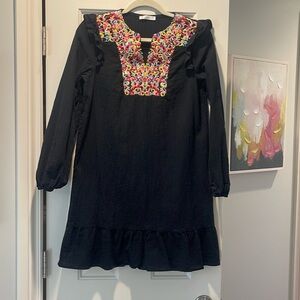 Long sleeve Boho black V neck dress w/bright beautiful stitching in the front.